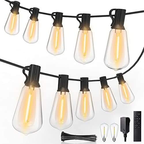 AUYLE LED Outdoor String Lights 100FT Patio Lights Dimmable with Remote Control, Waterproof Outdoor Lights with 50+2 LED Bulbs for Backyard Wedding Party Market, Hanging Lights Outside, 2700K