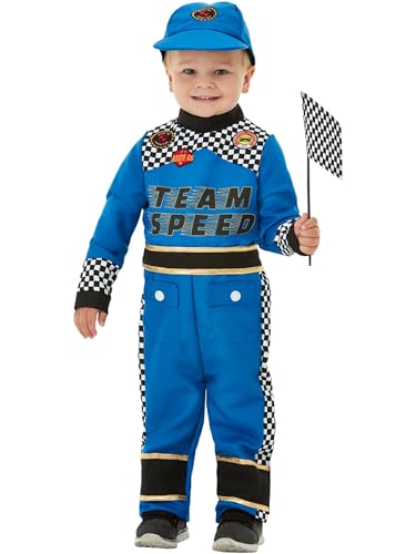 Smiffys Fato de motorista de carro de corrida para crianças, azul, com macacão, boné e bandeira