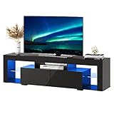 WLIVE TV Stand with LED Lights for 60/65/70 Inch TV, Entertainment Center with Open Shelves, TV Console with 2 Storage Drawers for Bedroom, Living Room, Media Stand with Display Glass, Black