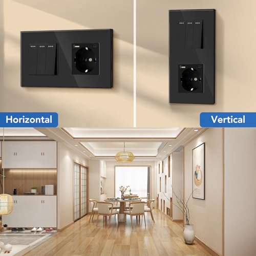 BSEED Lichtschalter mit Steckdose 3 Fach 1 Weg,Wandschalter mit 16A Schuko Steckdose mit USB Anschluss (Max. 2.1A) Typ C Port Schwarz,Physische Unterputz Wandschalter mit Steckdose- 157mm