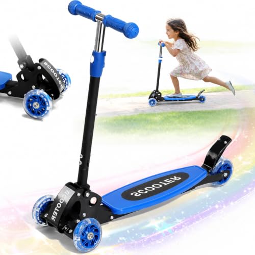 Kick Scooter for Kids 3-7 Age - Three Wheel Light Up Scooters Lean to Steer Foldable Stable Dual Rear Wheels Adjustable Height for 3-5 5-7 Year Old Girls Boys Up to 120 Lbs