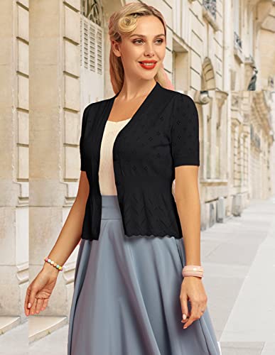 Summer Casual Short Sleeve V Neck Button Down Bolero Shrug Sweaters Lightweight Ruffle Knit Cropped Cardigans Black Xl #TOP3