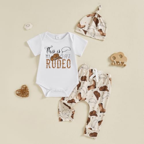 My First Rodeo Outfit Western Baby Boy 1st Birthday Clothes Short Sleeve Romper Pants Hat Set Newborn Cowboy Outfits 6