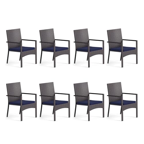 Image of MFSTUDIO Patio Rattan Chairs Set of 8, Wicker Outdoor Dining Chairs Set of 8, All Weather Patio Armchairs w /Armrests, Steel Frame, Brown, 330lbs