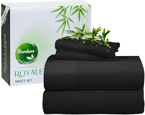 Image of Royale Linen Bamboo Viscose Queen Sheet Set - Cooling Bed Sheet Set - 1 Fitted, 1 Flat & 2 Pillowcase - Fits Up to 16 inch - Organic Viscose Derived from Bamboo - Bedding Sheet & Pillowcase (Queen, Black)