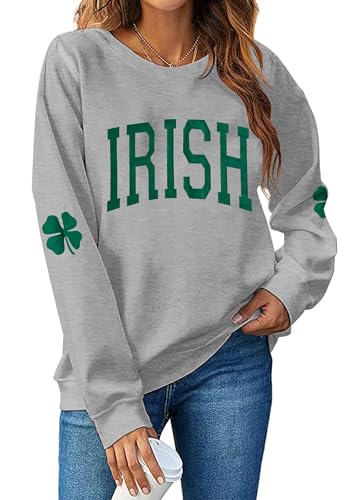 Urvatac Women St. Patricks Day Sweatshirts Shamrock Clover Print Shirts Casual Irish Gift Long Sleeve Loose Fit Tops