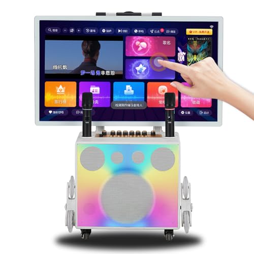 Sistema amplificador de karaoke con pantalla táctil HD, solicitud de canción de voz AI y efecto marquesina, incluye 2 micrófonos inalámbricos y espejo de pantalla móvil