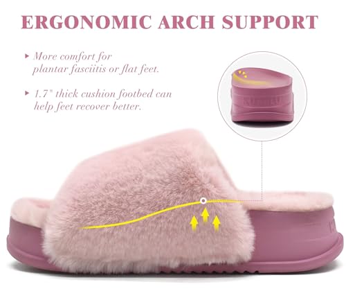 KuaiLu Womens Fuzzy Platform Open Toe Slipper with Arch Support Fluffy Furry Slides Orthotic Faux Rabbit Fur Sandal Ajustable House Shoes Indoor Outdoor Pink Size 84