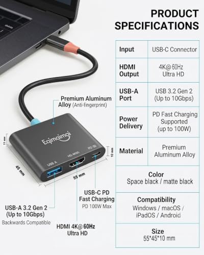 Image of USB C to HDMI Adapter, 4K@60 HDMI to USB C Multiport Hub 4K HDMI, PD Port, USBA 10Gbps, Portable Travel Switch Dock Compatible with Steam, Switch, Mac /Laptops