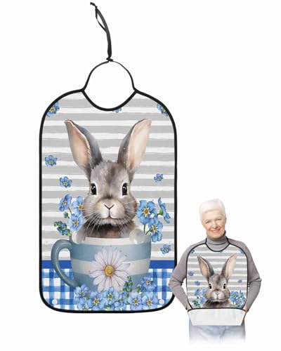 LEOKOTI Blue Bunny Easter Adult Bibs for Eating, Waterproof Bibs with Food Catcher & Adjustable Snap Closure, Spring Floral Botanical Grey Striped Washable Clothing Protectors Adult Bibs for Elderly