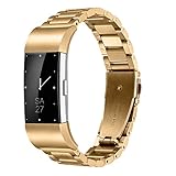 Fitbit Charge 2 Wrist Band,Shangpule Stainless Steel Metal Replacement Smart Watch Band Bracelet with Double Button Folding Clasp for Fitbit Charge 2 (Gold)