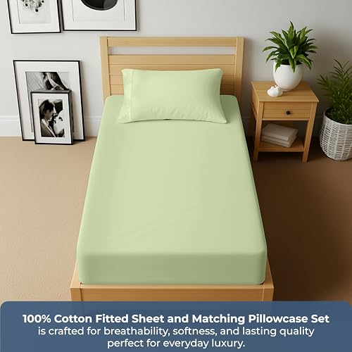 Image of Royale Linens Fitted Sheet With Pillowcase - Twin XL Fitted Sheets With 1 Pillowcase - 300 Thread Count 100% Organic Cotton - Fit Mattress Up to 18 inch Deep -Soft & Breathable -Sage Green (No Flat Sheet)
