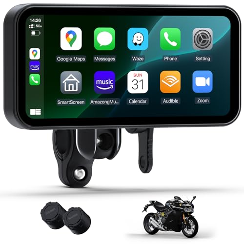 Image of 6.25 Inch Motorcycle GPS CarPlay & Android Auto Display with 2 TPMS | IP67 Waterproof GPS Navigation System with Dual Bluetooth, Portable Touch Screen, TF Card, Universal Mount