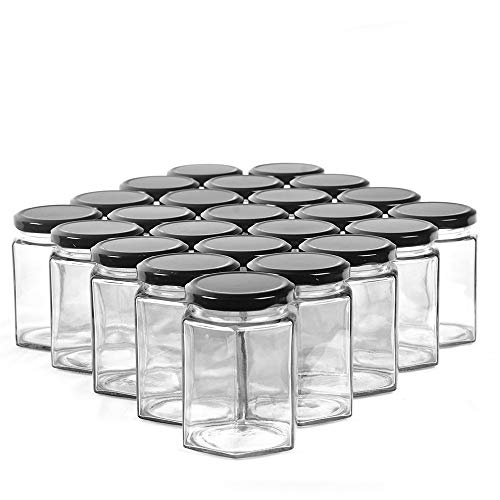 CycleMore 9oz Hexagon Glass Jars with Black Lids, Clear Glass Canning Jars Jam Jars Bottles for Jams, Honey, Wedding Favors, Baby Foods, Gifts and Craft, DIY Spice Jars and More(Pack of 24)