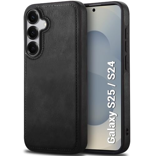 Image of TheGiftKart Genuine Leather Finish Back Cover Case for Samsung Galaxy S25 / S24 5G | Raised Edges for Camera & Screen Protection | Stunning Minimalist Design Back Case Cover (Black Sides, Black)