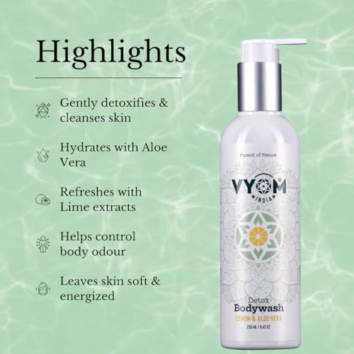 Image of Vyom India Detox Body Wash for Men & Women (250 ml) - Aloe Vera & Lime Shower Gel - Hydrating, Sulphate & Paraben Free, Natural Herbal Body Wash | Refreshing cleanser & Hydration
