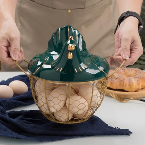 Cesta de huevos de cocina en hierro verde: organizador de encimera con tapa decorativa de pollito 8
