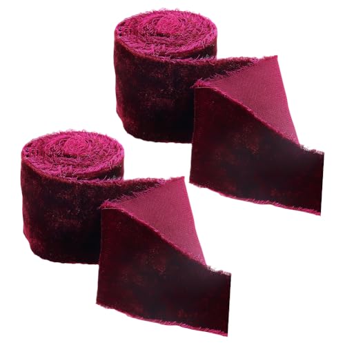 2 Rolls 4cm x 1m Velvet Frayed Edge Ribbon Hand Torn Fabric Ribbon Handmade Fringe Ribbon Craft Raw Edge Ribbon Wide Decorative Velvet Ribbon for Christmas Wedding Burgundy