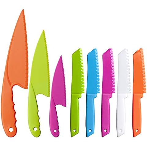 8 Pcs Kids Kitchen Knife Sets, Nylon Knives for Kids Safe Colorful Plastic Cooking Knife for Toddler, for Fruit Salads or Cake Cutting Cover