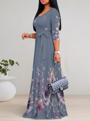 Image of PinkPatty Plus Size Maxi Dress for Women Casual V Neck 3 /4 Sleeve Boho Printed Long Dress with Pockets