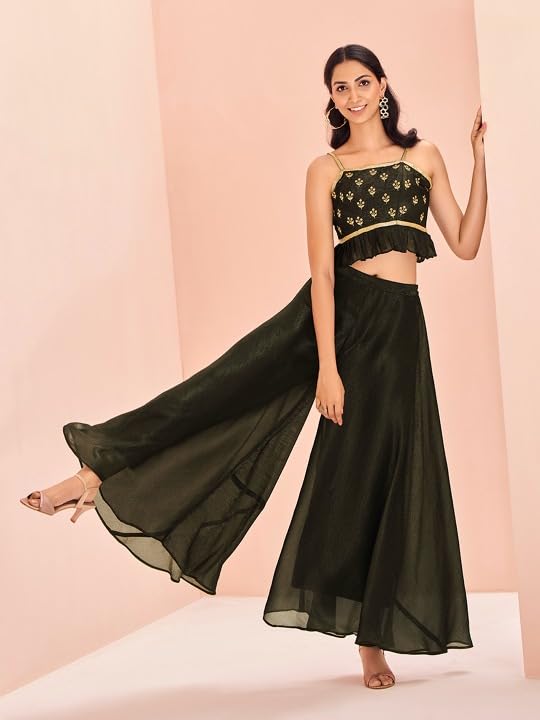 FUSIONIC Dark Green Handwork Embroidered Crop Top Set 2