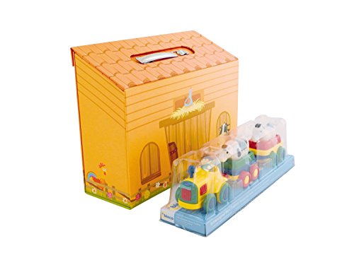 Bieco 90103603 - Spielweltset mit Kinder Motivkoffer Bauernhof und Schwungradtraktor mit 2 Hänger und 2 Tieren – Bild 4