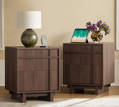 Image of Mid Century Modern Nightstand Set of 2 with Charging Station, Nightstand with Skeleton Line & Wood Grain, Bedside Table with Drawers Storage, End Table for Bedroom, Living Room, Walnut