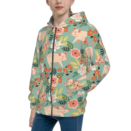 Cute Piggy in Flowers Kid Hoodies Boys Zip Up Sweatshirts Girls Pullover with Pocket