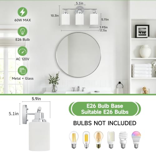 Image of 3-Light Chrome Vanity Lights for Mirror, Bathroom Light Fixtures with Textured Milky White Glass Shade, Modern Kitchen Light Fixtures Wall Sconce Light