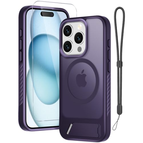 RMOCR for iPhone 15 Pro Case with Screen Protector+Lanyard Wrist Strap Magnetic Translucent Matte Rugged Slim Phone Cover Built in Invisible Kickstand [Fit for MagSafe] Purple