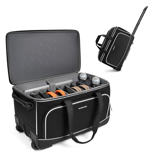 AUROTIER Large Rolling DJ Cable Bag with Wheels, Reinforced Padded Gig Bag with 8 Detachable...