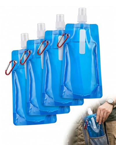 YIPFEN Botella Agua Plegable 4 Pcs Azul - Sin BPA, Reutilizable, Resistente, Ultraligera. Hidratación Compacta para Senderismo, Viajes, Camping y Deporte Outdoor de Plástico.