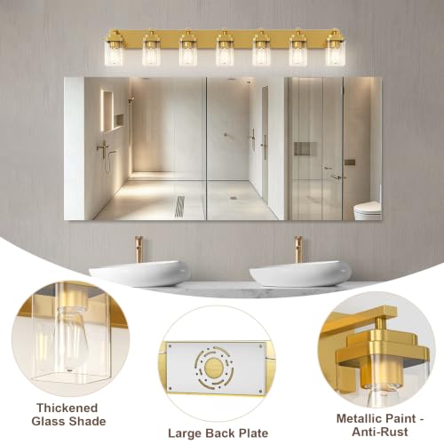 Image of Brushed Gold Bathroom Light Fixtures, 7 Lights Bathroom Lighting Fixtures Over Mirror, Square Design & Rectangle Large Backplate, Modern Vanity Lighting Fixtures, for Living Room /Bedroom