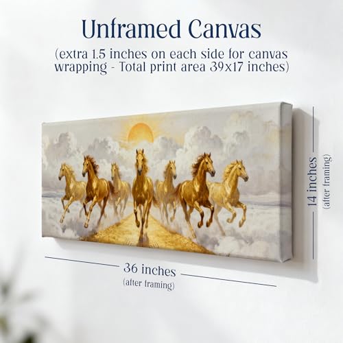 Image of SoulAbiti Vastu Seven Horses Running Golden Path Clouds Unframed 36x14 inches Rolled Canvas Wall Realism Art UV Print Painting for Living Room, Bedroom & Office Decor Premium Gloss Vivid Fade-Resistant Print