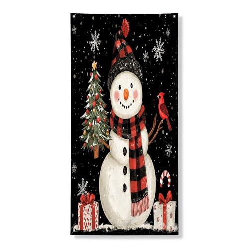 Pancarta decorativa de Navidad, diseño de muñeco de nieve, escena de invierno vintage con árbol y regalos, decoración de puerta delantera, suministros de vacaciones para interiores y exteriores, 36 x