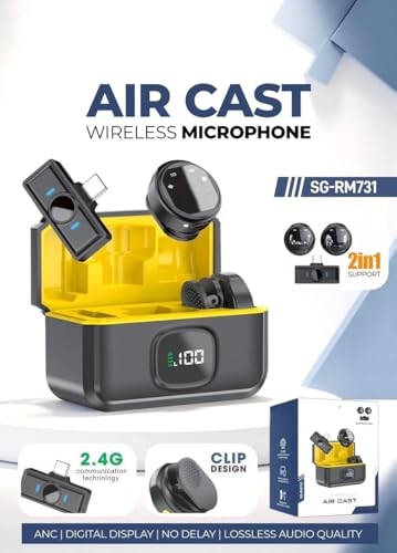 Image of Air Cast SG-RM731 Wireless Microphone, 10Hr Battery 2.4G, 2-in-1 Type-C Receiver, ANC, No Delay, Lossless Audio, Digital Display, with Charging Case