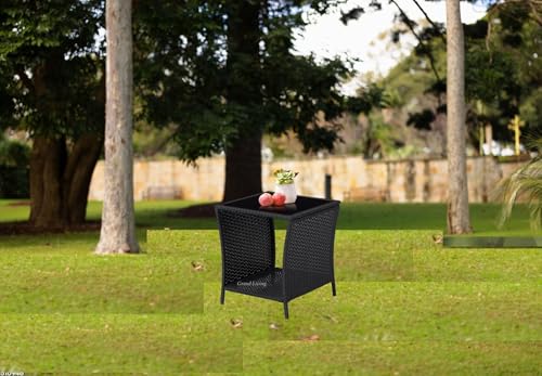 Image of Grand Living Outdoor Wicker Patio Garden Table Glass Top and Storage Shelf, Weather-Resistant for Terrace, Lawn,& Balcony (Black)