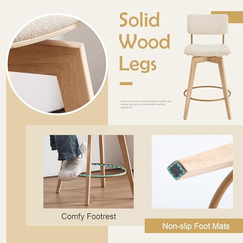 Butacos giratorios de altura para barra, 26", tapizado en lino beige con patas de madera natural, juego de 4 miniatura 4