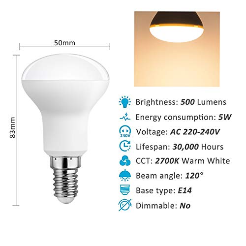 Akynite R50 E14 LED-Strahler Warmweiß 2700K, 5W Ersatz Reflektorlampen R50 40W, 500LM, 120° Abstrahlwinkel, AC 230V, E14 Reflektor Klein Lampe für Küche/Treppenhaus, Nicht Dimmbar, 6er-Set