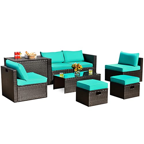 Tangkula 8 Piece Patio Furniture Set, Patiojoy Outdoor Space Saving PE Rattan Sectional Sofa Set for 6 with Waterproof Cover, for Garden, Deck, Poolside and Balcony (Turquoise)