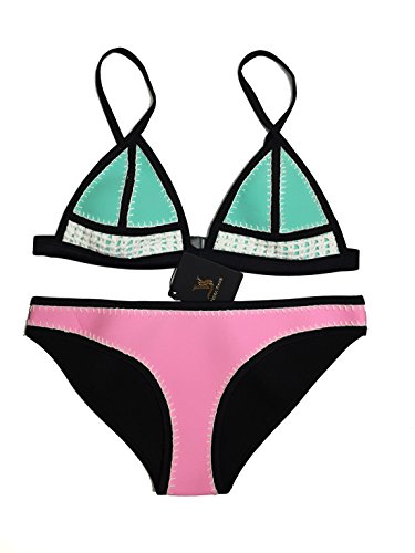 Ebuddy   Bikini de neopreno con ganchillo cosido a mano 2 Green+Pink 38 40 (Talla L)