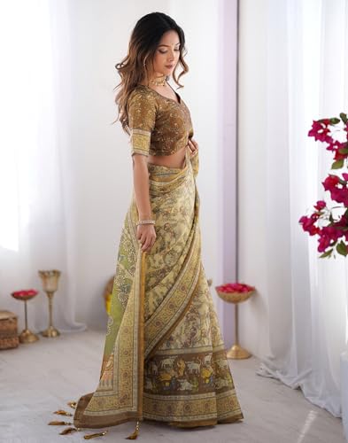 Image of SIRIL Women's Cotton Linen Kalamkari Printed Handloom Saree with Unstitched Blouse Piece