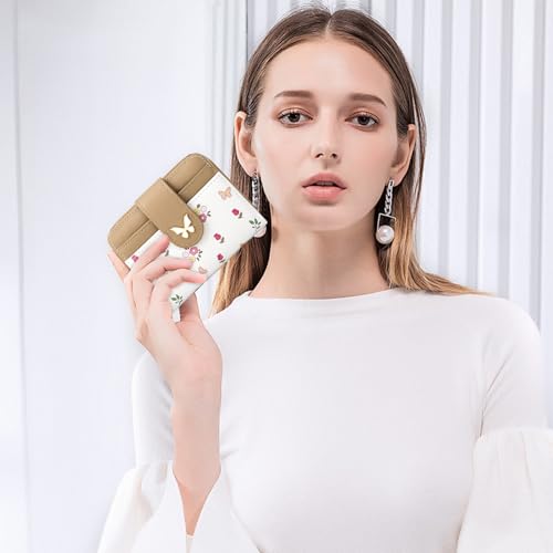 Image of BIAOTIE Wallet for Women Cute Floral Flower Wallet RFID Credit Card Holder Purse Small Bifold Zipper Coin Pocket Purse with ID Windows (Butterfly Khaki)
