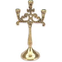 3 Candle Brass Candlestick - Decorated Orthodox Church Candle Holder, Home Altar, Prayer Corner, Height 6.69 inch