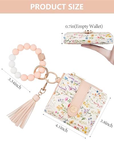 Image of Keychain Wallet Wristlet for Women,RFID Small Floral Flowers Wallet | Wallet Wristlet with Zipper Coin Pocket,Vegan Leather Card Wallets for Women, 2 ID Window,Gift