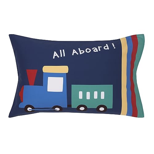Image of Everything Kids Choo Choo Train Gray, Blue, Red, and Yellow All Aboard 4 Piece Toddler Bed Set - Comforter, Fitted Bottom Sheet, Flat Top Sheet, Reversible Pillowcase