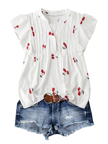 SOLY HUX Plus Size Tops for Women Cherry Print Notched V Neck Ruffle Cap Sleeve Vacation Casual Blouse