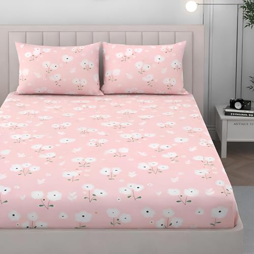 Image of Cotton Feel King Size Flat Bedsheet for Double Bed (90 x 100 Inches | 230 x 250 cm) with 2 Pillow Covers | Soft & Smooth Printed Bedsheet for Daily Use (PinkFlowers, King Bed-90x100)