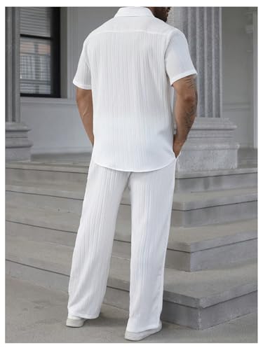 Men's 2 Piece Outfits Big and Tall Short Sleeve Button Down Shirt and Casual Loose Pant Sets2
