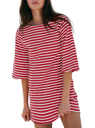 Yousify Women’s T Shirt Dress Cotton Summer Dresses 2025 Casual Loose Short Sleeve Striped Mini Dress with Pockets